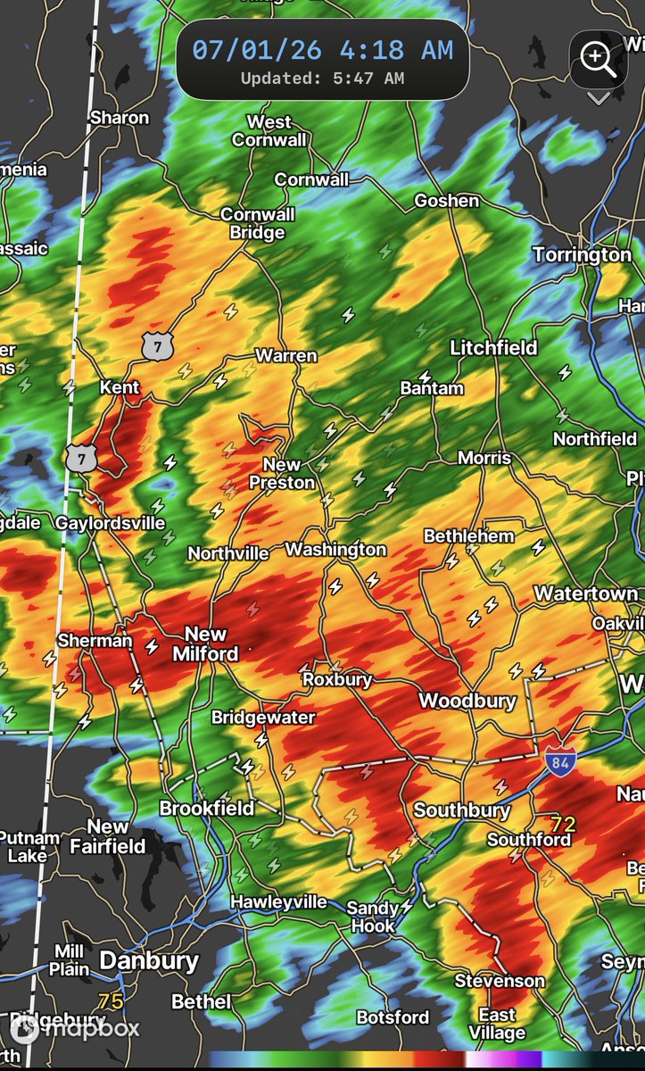 Danbury_WX's tweet photo. Heck of a storm last night between about 3:00AM and 4:30AM. Over 2300 lightning strikes were recorded within 25 miles of our Candlewood Lake weather station. Many spots shaded in yellow on the right picked up 1.00”+ of rainfall. Areas near Kent and New Milford saw locally higher amounts of 2.00 inches or more.