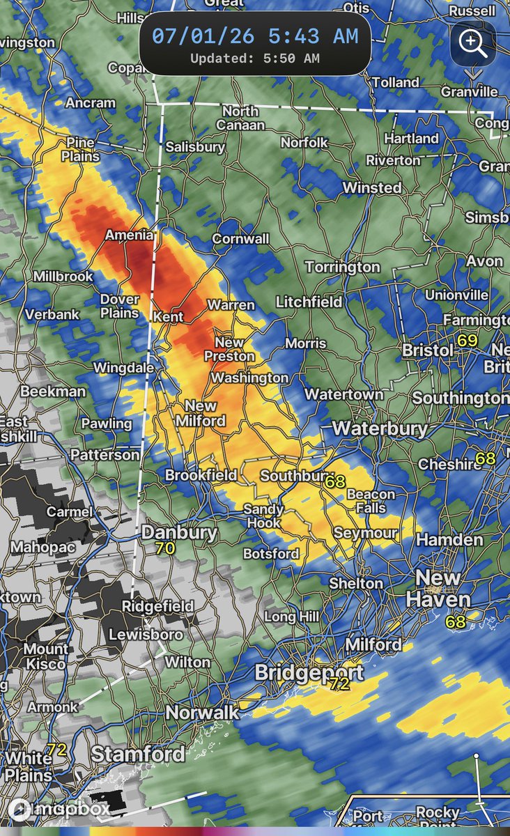 Danbury_WX's tweet photo. Heck of a storm last night between about 3:00AM and 4:30AM. Over 2300 lightning strikes were recorded within 25 miles of our Candlewood Lake weather station. Many spots shaded in yellow on the right picked up 1.00”+ of rainfall. Areas near Kent and New Milford saw locally higher amounts of 2.00 inches or more.