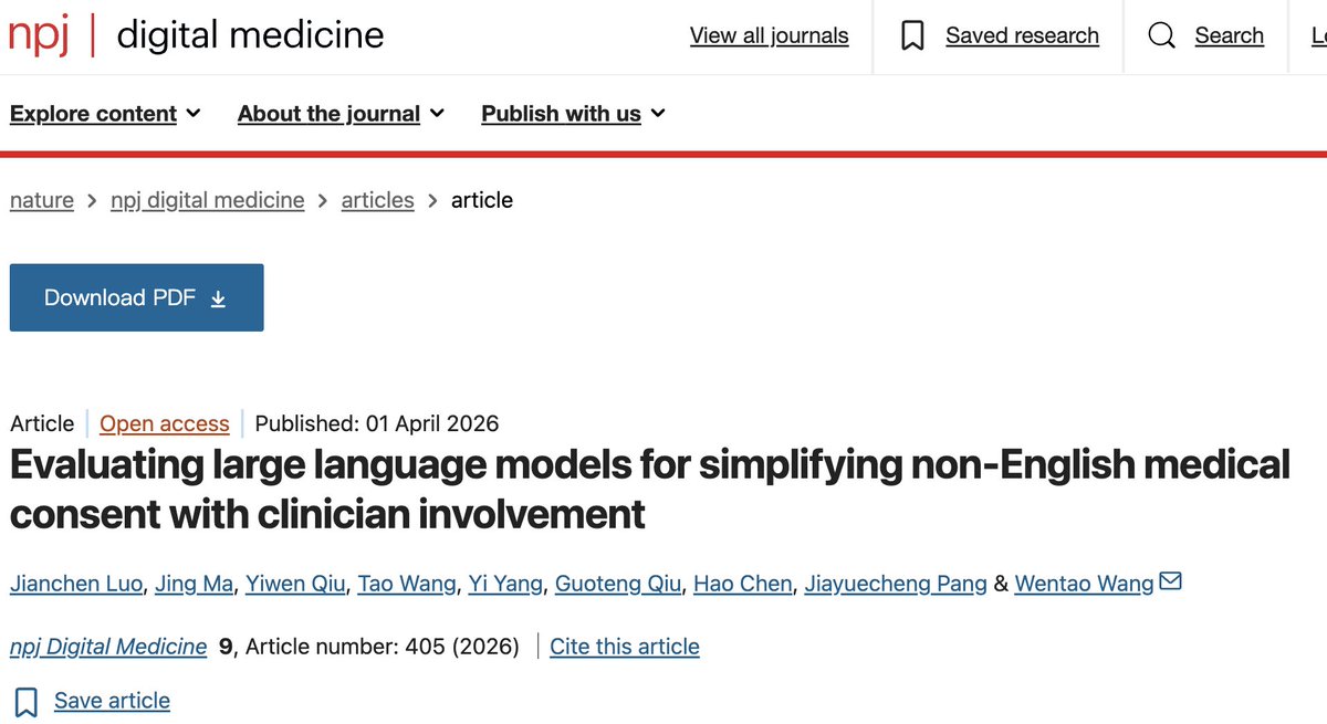 IHuaXi's tweet photo. 🧠🤝 Can AI make medical consent truly understandable? A team at #WCH found that LLMs boost readability, while clinician review preserves medical accuracy—the best of both worlds. Published in @npjDigitalMed Medicine. #AI #DigitalHealth #PatientSafety https://t.co/ahgfrQewM1