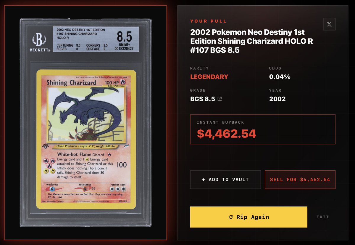 Chris_Hypnos's tweet photo. Rank 90 on the all time leaderboard of @mnstr 

Pulled this Legendary Charizard in BGS 8.5

We keep Gachaing https://t.co/7oC9z7a00B