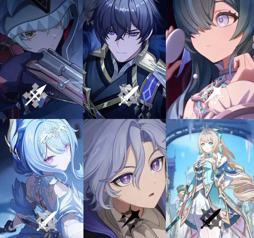 genshinmains_'s tweet photo. Alyosha - Polearm
Odette - Sword 
Valeriy - Sword
Vesna - Sword 
Vodyanitsa - Catalyst
Mitya - Catalyst 

#Snezhnaya #GenshinImpact #Valeriy #Vesna https://t.co/tgI7nY249f