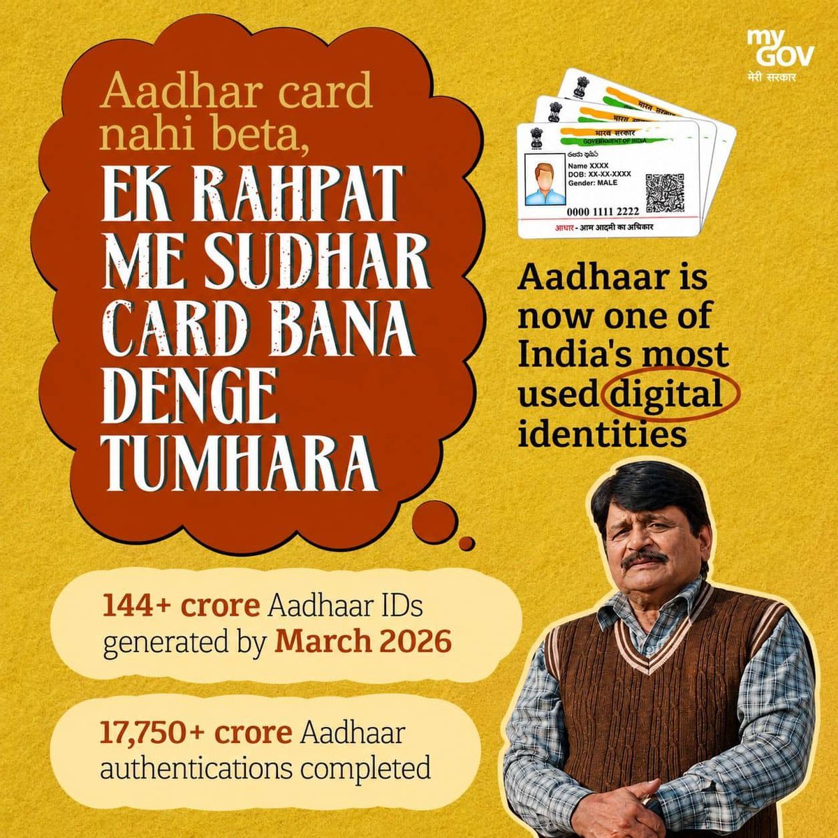 ShuklaVisashwar's tweet photo. #11YearsOfDigitalIndia
144 crore+ Aadhaar IDs generated 
via NaMo App https://t.co/pu73VupFI6