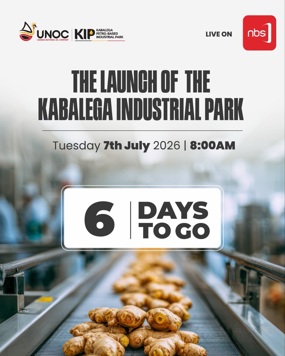 UNOC_UG's tweet photo. 6 days to go. Tune in for the live launch of the Kabalega Industrial Park (KIP). 

The park will host key oil and gas infrastructure, including the oil refinery, petrochemical industries, logistics facilities, and the oil export hub. https://t.co/ckYGHtwvNF