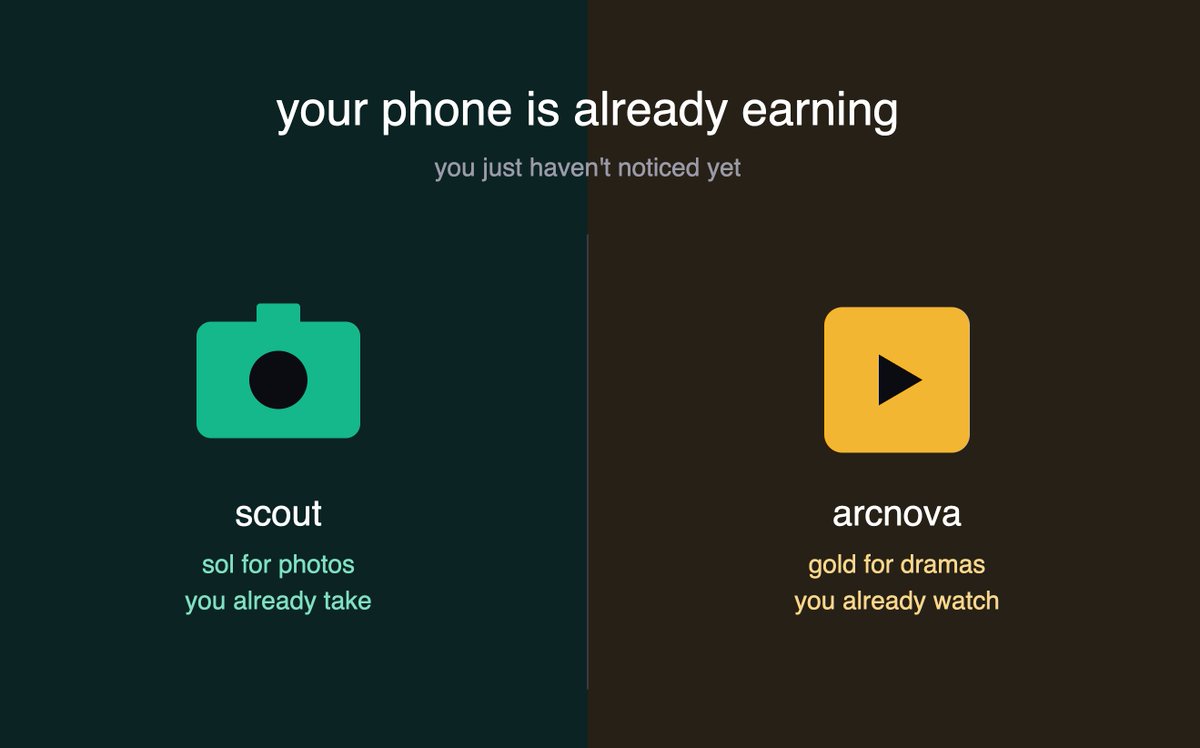 airdrops_io's tweet photo. Your phone's camera roll and your late night scrolling are both airdrop opportunities today

📸 Scout: SOL for photos you're already taking
Upload unedited pics/clips → get reviewed → SOL hits your wallet. Automatically.
No points, no waiting on a TGE.
$SCOUT holders get a payout multiplier, locked in at upload.
🔗 Join on their website: @onscoutai

🎬 ArcNova: gold for watching AI dramas
$15M raised, no token yet, but the quest board's live.
Check in daily, watch, do socials, refer friends (20%/5%) → gold stacks.
Token drops later, gold probably = allocation.
🔗 Join here: https://t.co/y0Pr3UT2eL