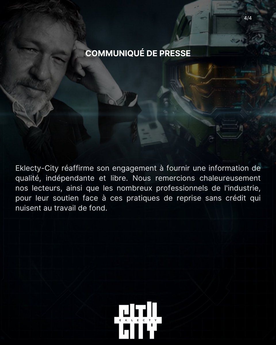 EklectyCity's tweet photo. Suite à nos échanges avec la rédaction concernée concernant notre dossier Xbox/IA, nous publions aujourd'hui ce communiqué pour clarifier notre position sur les principes de respect des sources qui animent Eklecty-City.

https://t.co/yJihNH20GR

#Halo #IA #TouchePasMaVF https://t.co/gE7LnqBYqS