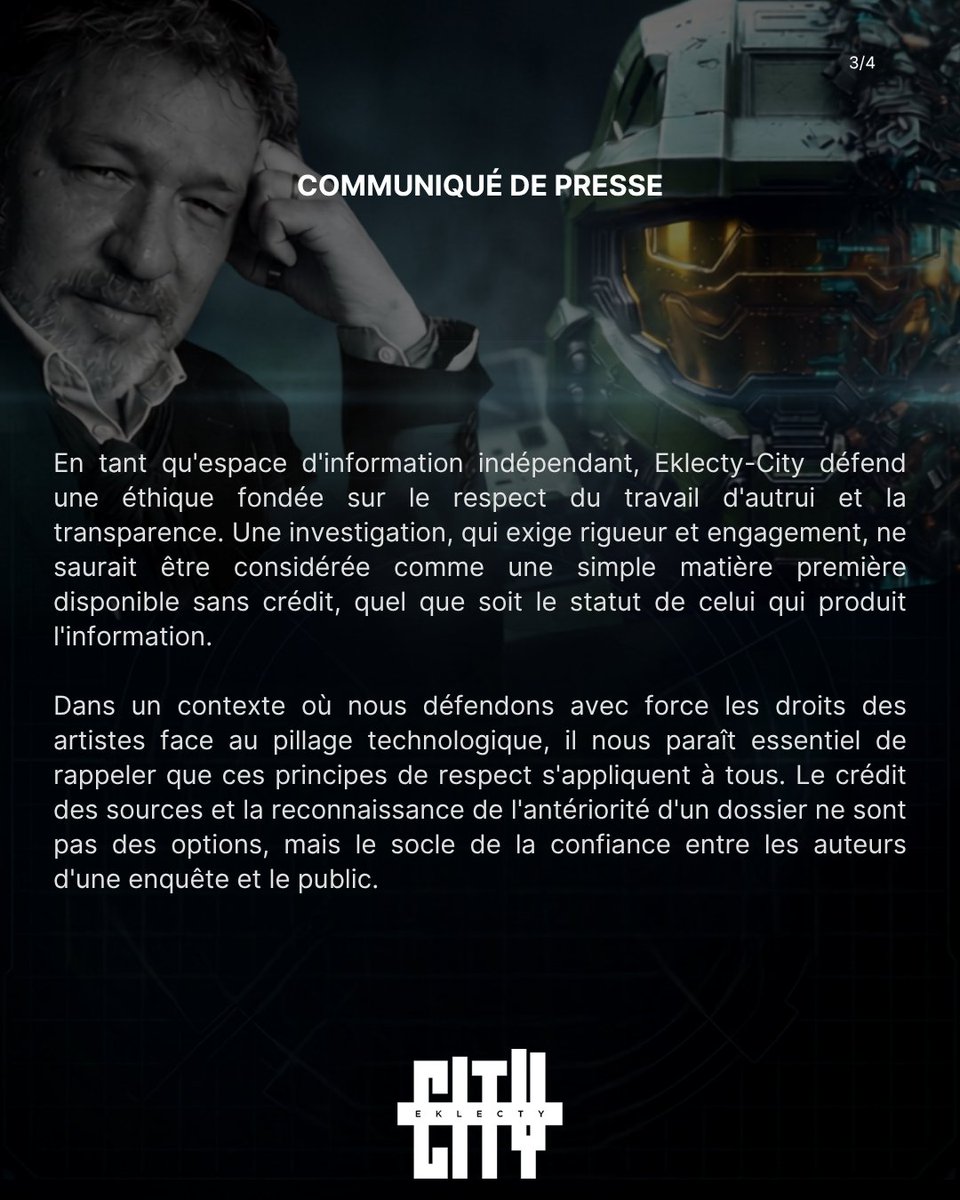EklectyCity's tweet photo. Suite à nos échanges avec la rédaction concernée concernant notre dossier Xbox/IA, nous publions aujourd'hui ce communiqué pour clarifier notre position sur les principes de respect des sources qui animent Eklecty-City.

https://t.co/yJihNH20GR

#Halo #IA #TouchePasMaVF https://t.co/gE7LnqBYqS