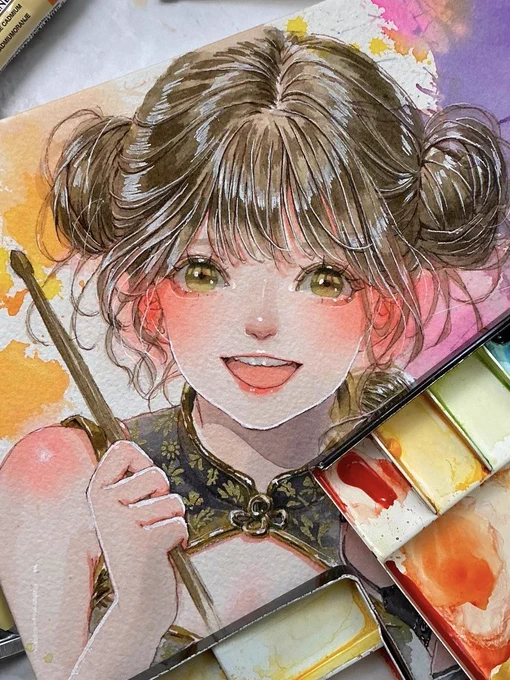 完成 「Cute drummer」 アナログ透明水彩 #透明水彩