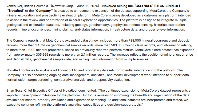 knpqb68745141's tweet photo. OUTSTANDING DRILL RESULTS ARE EXACTLY WHY I'M WATCHING $NRED BEFORE FALL DRILLING

A Chilean copper explorer just reported 76 meters at 0.74% Cu, including 13 meters at 3.62% Cu, and 59 meters at 1.73% Cu, including 12 meters at 5.39% Cu. 

Results like these remind the market how quickly sentiment can change after successful drilling. That's why I'm focused on NovaRed Mining. 

$NRED already has 39,726 acres, 3 drill-ready targets, 18.3 miles of completed IP/AMT surveys and C$8.5M committed toward Wilmac. 

Add MetalCore's 2.7M+proprietary records and AI led by Dr. Olamide Oladeji, and I like how the company is preparing before its own drill program begins. 

My target remains above C$4.

Information may be updated or modified at any time.

$ASTS $NFLX $SOFI