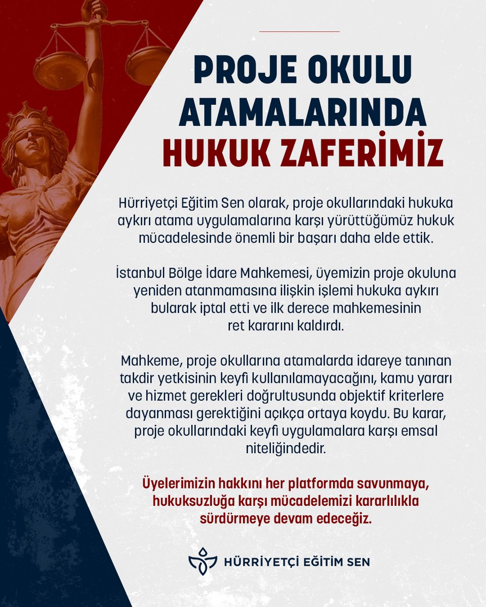 HurEgitimSen's tweet photo. PROJE OKULU ATAMALARINDA HUKUK ZAFERİMİZ!

Hürriyetçi Eğitim Sen olarak, proje okullarındaki hukuka aykırı atama uygulamalarına karşı yürüttüğümüz hukuk mücadelesinde önemli bir başarı daha elde ettik. İstanbul Bölge İdare Mahkemesi, üyemizin proje okuluna yeniden atanmamasına ilişkin işlemi hukuka aykırı bularak iptal etti ve ilk derece mahkemesinin ret kararını kaldırdı.

Mahkeme, proje okullarına atamalarda idareye tanınan takdir yetkisinin keyfi kullanılamayacağını, kamu yararı ve hizmet gerekleri doğrultusunda objektif kriterlere dayanması gerektiğini açıkça ortaya koydu. Bu karar, proje okullarındaki keyfi uygulamalara karşı emsal niteliğindedir. Üyelerimizin hakkını her platformda savunmaya, hukuksuzluğa karşı mücadelemizi kararlılıkla sürdürmeye devam edeceğiz.
@leventkuruoglu
https://t.co/KC32laSKAr