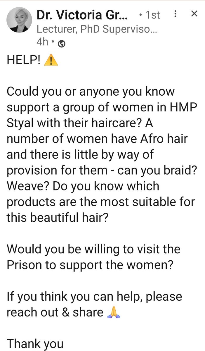 KerryDaynes's tweet photo. Calling #Cheshire #GreaterManchester can we share to find someone who can help out the ladies of HMP Styal with their hair/ Black haircare skills needed. 

A little dignity goes a long way! https://t.co/GMT0PrBo1o