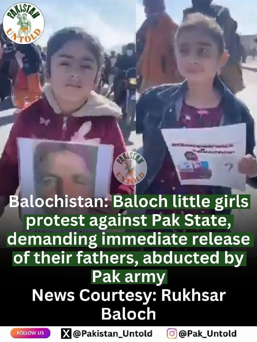 pakistan_untold's tweet photo. Balochistan: Little Baloch girls protest against Pak state, demanding the release of their fathers taken in enforced disappearance.
Their families watch in grief and fear as these young daughters raise their voices, hearts heavy with loss and uncertainty over their missing men.
This protest by little girls exposes how Pak Punjabi rulers' enforced disappearances shatter entire Baloch families across generations.