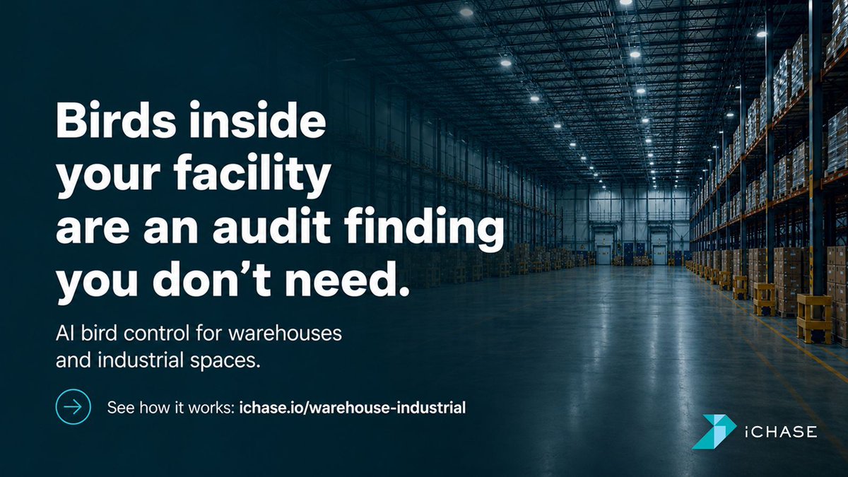 iCHASE_Official's tweet photo. Birds nesting in a warehouse or food facility mean contamination risks, audit findings, and recurring labor costs. AI bird control for enclosed industrial spaces: continuous deterrence, no maintenance overhead. https://t.co/haLncq6aDu #FoodSafety https://t.co/WBVO1HWPbd