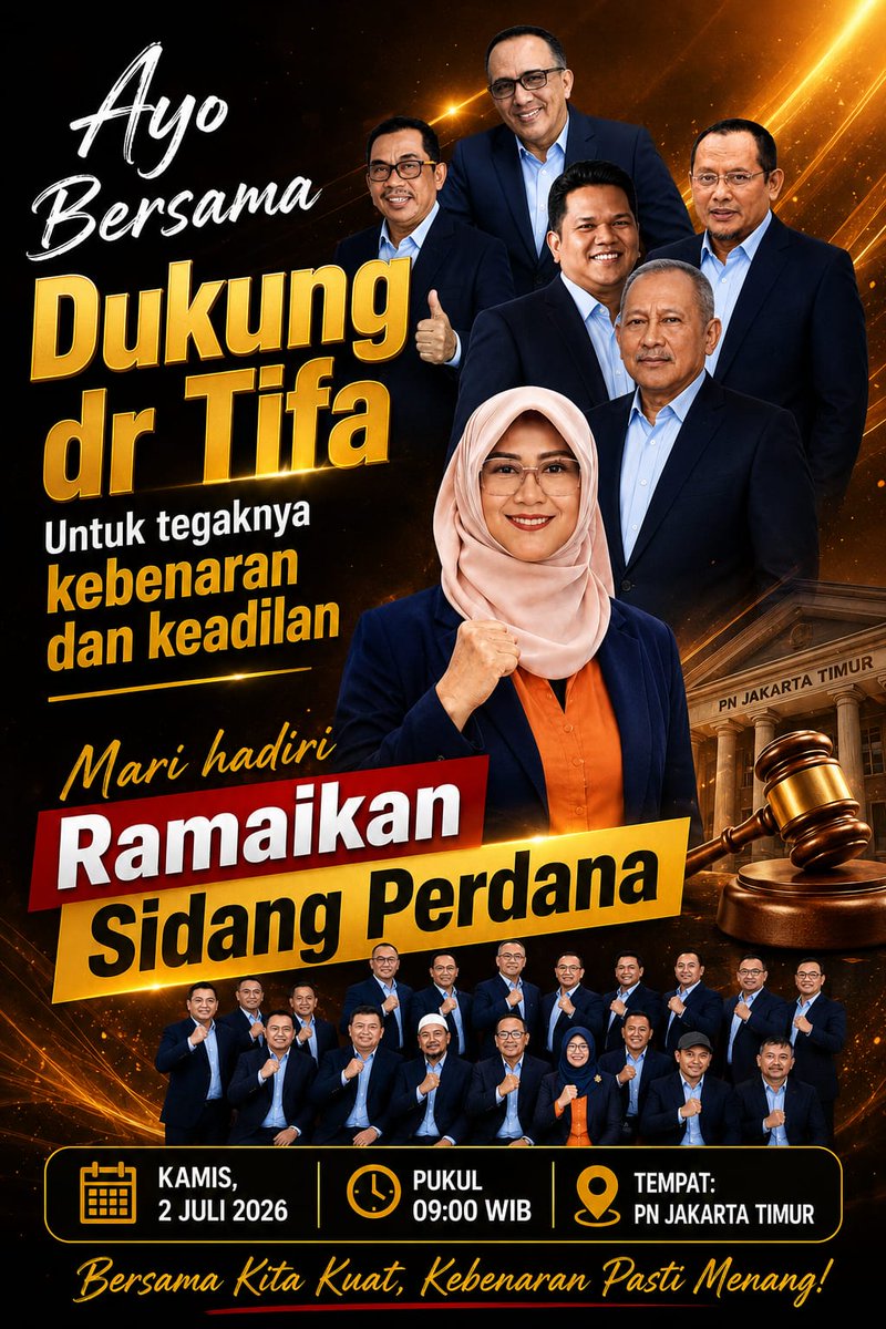 DokterTifa's tweet photo. Dokter Tifa akan berjuang di Sidang Perdana PN Jakarta Timur
Kamis 2 Juli 2026 pkl 09.00 WIB

DR TIFA VS JOKO WIDODO! 

Temani, bersamai, dukung, do'akan https://t.co/pXODci68XY