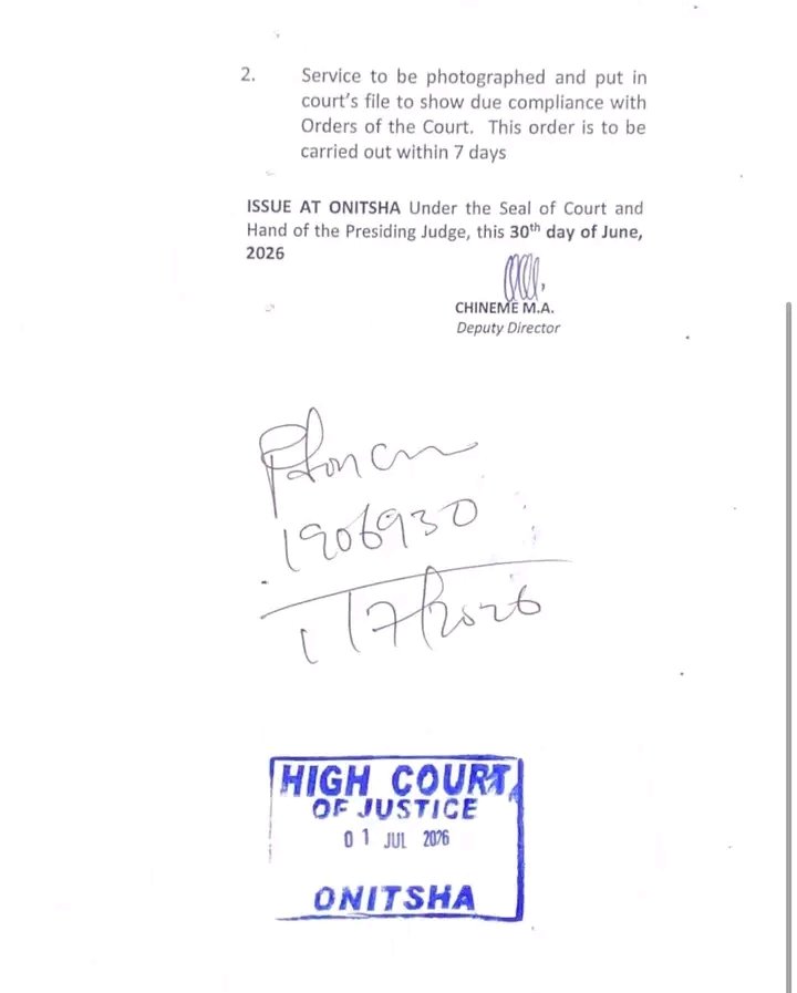 EbubechiVictor1's tweet photo. Just in: Court Grants Peter Obi Leave to Serve Kenneth Okonkwo Through Substituted Means

An Anambra State High Court sitting in the Onitsha Judicial Division has granted Mr. Peter Gregory Obi, leave to serve court processes on Mr. Kenneth Okonkwo through substituted means.

The order was made by Hon. Justice D.A. Onyefulu on June 30, 2026, in Suit No. O/229/2026 and Motion No. O/1322M/2026.

The ex parte application was moved by counsel to the plaintiff, Chisom Ibemesi, following an affidavit deposing to unsuccessful attempts by the court bailiff to personally serve the defendant with the originating court processes.

In the ruling, the court granted leave for the writ of summons and all accompanying or subsequent processes to be served by pasting them at the defendant’s last known residential address at NPR 48 Ofuluonu, Nsukka, Enugu State, near Ijeoma Fishing Company, or by delivering them to any adult found at the address.

Justice Onyefulu further directed that photographic evidence of the substituted service be taken and filed before the court as proof of compliance.

The court ordered that the service be effected within seven days from the date of the order.

The application was brought pursuant to Sections 6 and 36 of the Constitution of the Federal Republic of Nigeria, 1999 (as amended), and the relevant provisions of the Anambra State High Court (Civil Procedure) Rules, 2019.

The order clears the way for the suit instituted by Obi against Okonkwo to proceed after unsuccessful efforts to effect personal service on the defendant.

The substantive issues in the suit are yet to be heard by the court.