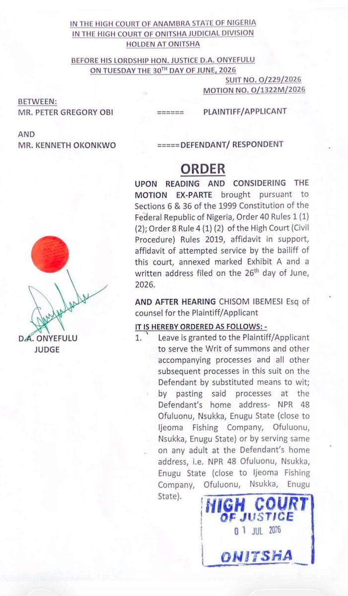 DrKalu_'s tweet photo. This is serious! Court Grants Mr. Peter Obi Leave to Serve Kenneth Okonkwo Through Substituted Means 

An Anambra State High Court sitting in Onitsha has granted NDC presidential candidate, Peter Obi, permission to serve court documents on Kenneth Okonkwo through substituted means after attempts at personal service were unsuccessful. 

The court ordered that the documents be pasted at Okonkwo's last known address in Nsukka, Enugu State, or handed to any adult found at the residence. The suit is expected to proceed once the substituted service is completed.