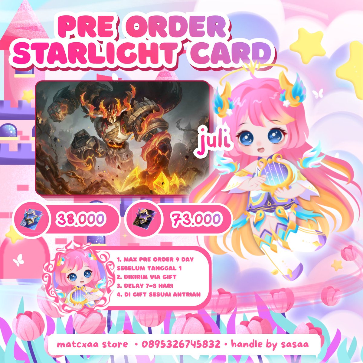 floowim's tweet photo. ㅤ
╭── ⊹ ꒰ 🌸 ꒱ pre order starlight juli
ⓘ ࣪˖ 💌 ⠟˖ belerick smouldering fortress 𓂂 🎀 ⊹

    ⠟˖ langsung dpt akun gift
    ⠟˖ 18 slot only
    ⠟˖ no cancel

࣪˖ 𖠗 🛒🎀 ⊹: #zonauang wts sl promo juli agustus ml https://t.co/xSx6eDldh3