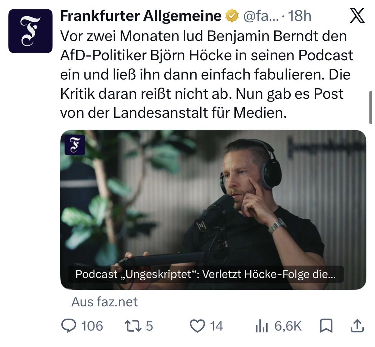 benungeskriptet's tweet photo. „Die Kritik reißt nicht ab.“ so @faznet 

Es war das medial erfolgreichste Politikergespräch seit mindestens 10 Jahren. Die Landesmedienanstalt „kritisiert“ nicht, sie will Einfluss auf den Inhalt nehmen.

Das ist Zensur, keine Kritik. https://t.co/aNSLZlT5iI