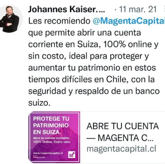clauttonr's tweet photo. @Partido_NL Se acuerdan de la ESTAFA? 📷
"Magenta Capital" fue promocionada por el Diputado Johannes Kaiser y el humorista Checho Hirane.
Hoy, su fundador, Sebastián Hoppe, está formalizado por los delitos de apropiación indebida, estafa y administración desleal. https://t.co/U0JqCVBo94