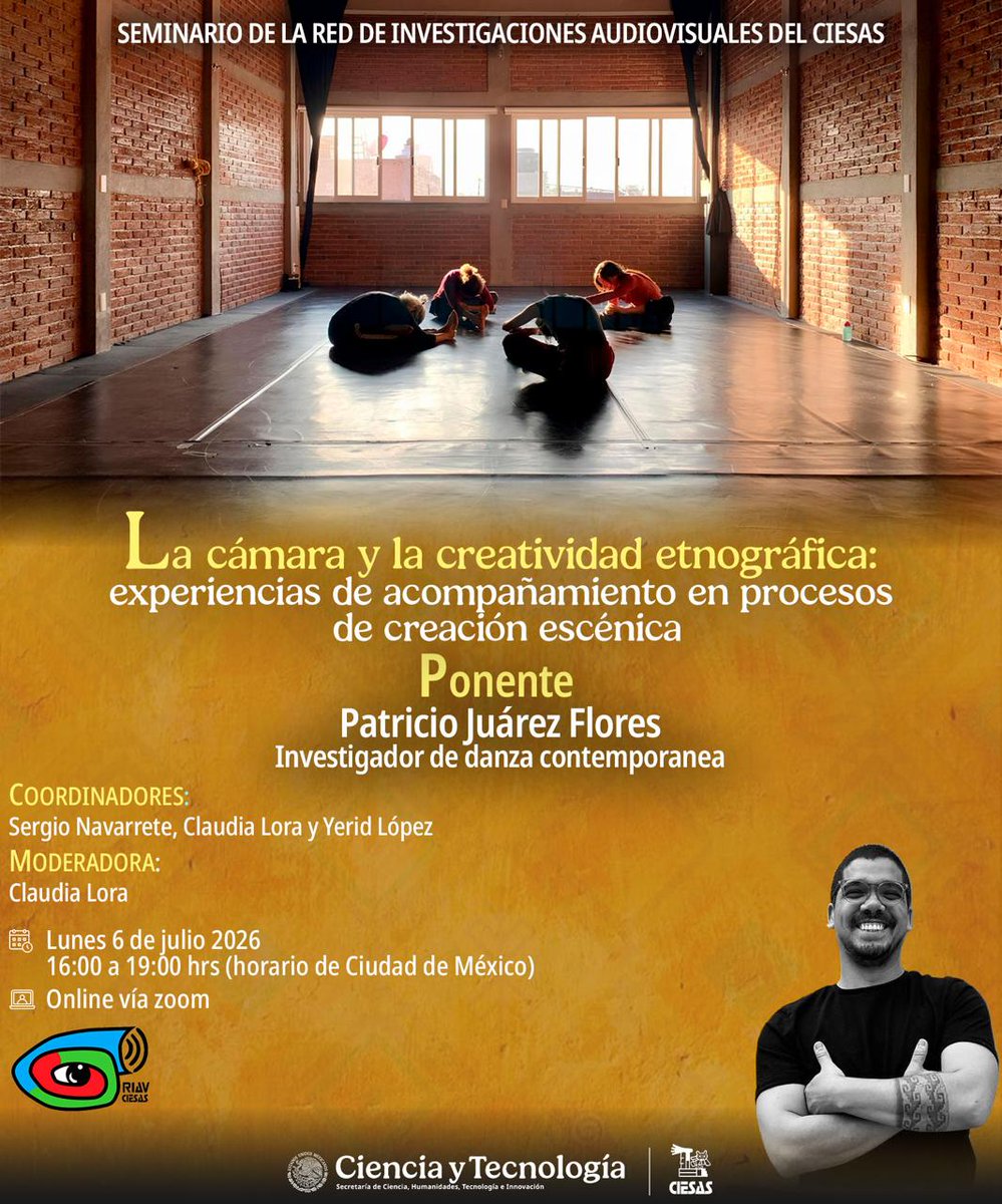 ciesas's tweet photo. 🎥 Quinta sesión del #SeminarioRIAV: La cámara y la creatividad etnográfica: experiencias de acompañamiento en procesos de creación escénica.
Estará a cargo de Patricio Juárez Flores.
🗓️ Lunes 6 de julio, 16h.
📩 Solicita el enlace de acceso en seminarioriav@gmail.com https://t.co/7vV292IfaY