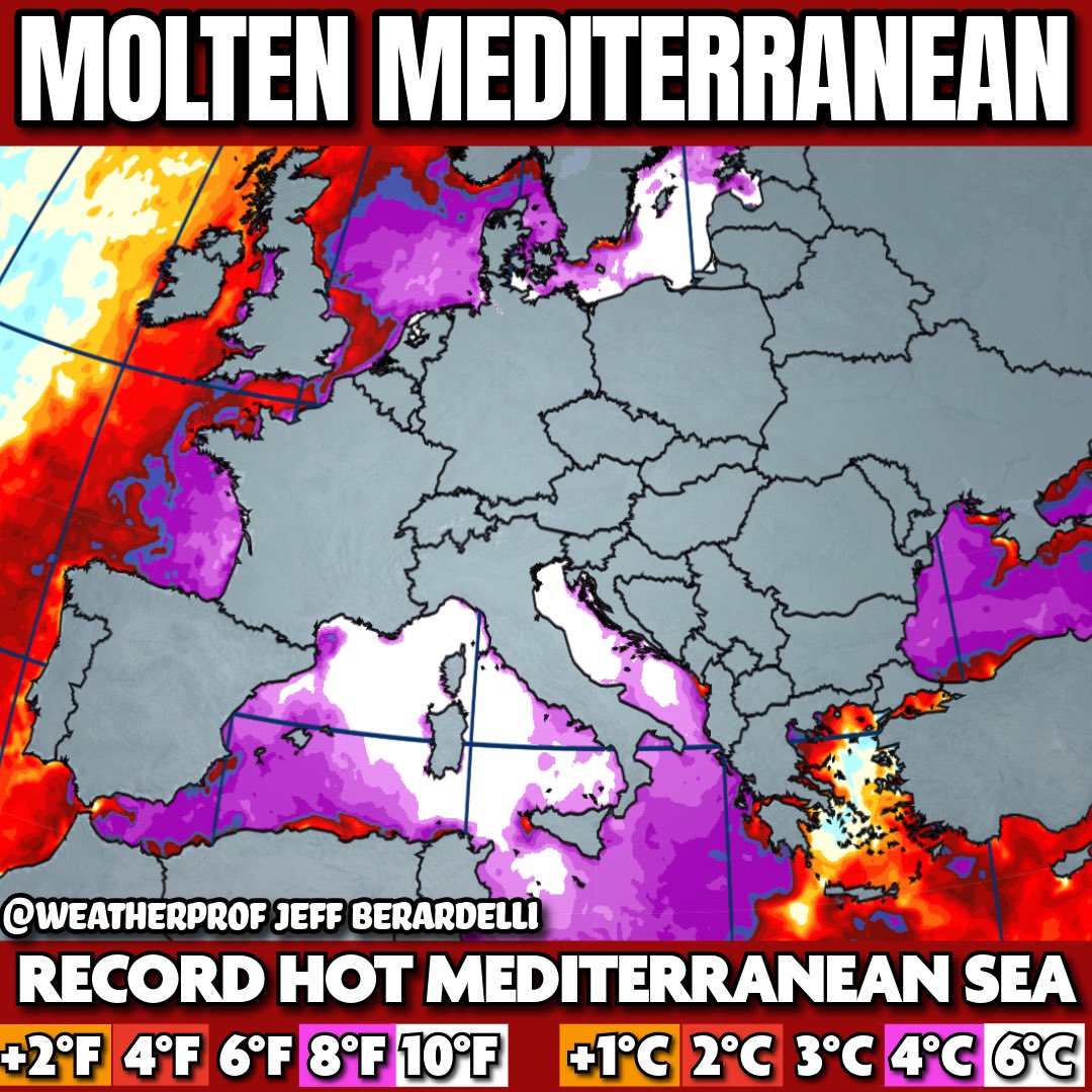 WeatherProf's tweet photo. The Mediterranean Sea #heatwave is so severe, I ran out of colors in my color table. Sea surface temps are peaking at 8C/ 15F above normal! Perhaps more impressive is how expansive the area of +6C/ +10°F anomalies are (in white). Much of the water is 29-32C/ 84-90F. The Sea is now record hot for early July beating - you guessed it - the old record set last year. This is obviously a consequence of the most severe heatwave in #Europe history last week. And this weekend another intense heatwave arrives! Check the first reply for the record comparison chart… 
#Mediterranean