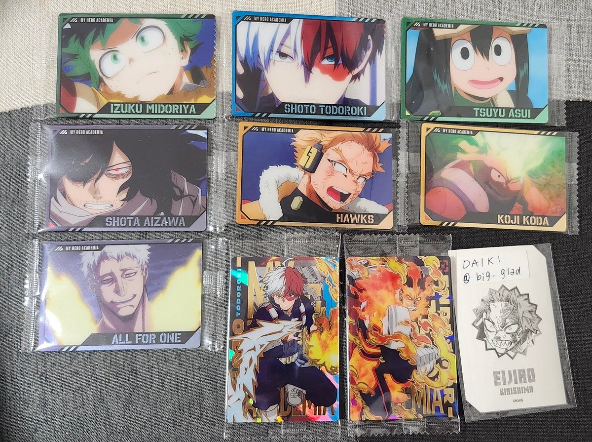 big_glad's tweet photo. 【交換】
僕のヒーローアカデミア　ヒロアカ
ウエハース　ウエハース4

譲→写真のもの
求→💕切島5、爆豪1>耳郎4>瀬呂1

郵送希望
轟、エンデヴァーはレア度違うため、比率違い可能な方優先
よろしくお願いいたします https://t.co/2oHgAO4sYK