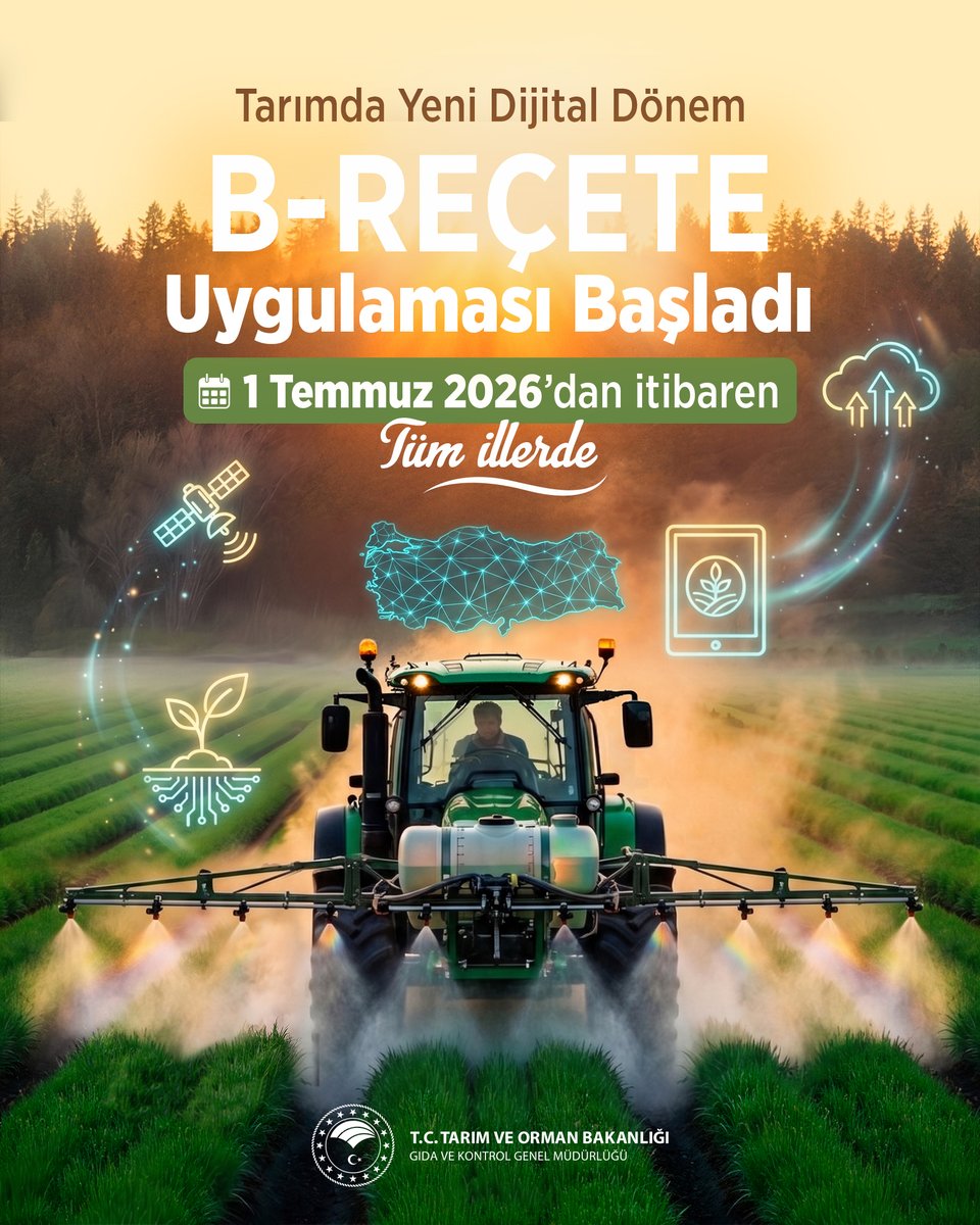 GidaveKontrolGM's tweet photo. 🌱Bitki Koruma Ürünlerinde dijital dönüşüm başladı!

📢B-REÇETE Sistemi, 1 Temmuz 2026 itibarıyla ülke genelinde uygulamaya alındı.

🎯Bitki Koruma Ürünlerinin (BKÜ) E-Reçete ile reçetelendirilmesi, satışı, uygulanması ve kayıt altına alınmasını sağlayan B-REÇETE Sistemi, tüm süreçlerin dijital ortamda takip edilmesini sağlıyor.

B-REÇETE ile;
✅ İhtiyaca uygun Bitki Koruma Ürünü kullanımı destekleniyor.
✅ Satış ve uygulama süreçleri elektronik ortamda izlenebiliyor.
✅ Riskli aktif maddeler elektronik ortamda kayıt altına alınıyor.
✅ Kalıntının önlenmesine ve güvenilir gıdanın güçlendirilmesine katkı sağlanıyor.

🌾Üretimden tüketime uzanan her aşamada izlenebilirliği artırıyor, dijital tarım altyapımızı güçlendiriyor; güvenilir gıda arzı için çalışmalarımızı kararlılıkla sürdürüyoruz.

📌B-REÇETE Sistemi hakkında detaylı bilgi için:
🌐 https://t.co/wVyjlRp1jo
@TCTarim @ibrahimyumakli