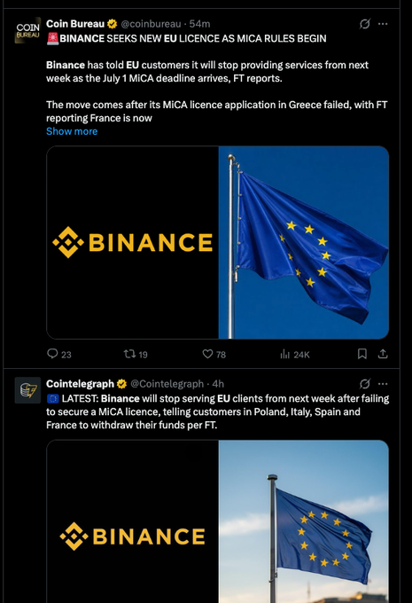 Dev1798's tweet photo. GUYS TODAY BINANCE LOST ITS EU LICENSE WHICH IS INSANE: 
https://t.co/wZdWFu5FaX 

It's insane because no one in eu wont be able to use Binance again  

It's going crazy viral and top binance memecoin that they crimed to 800M (Binance Life) https://t.co/0YOoiUqJIb