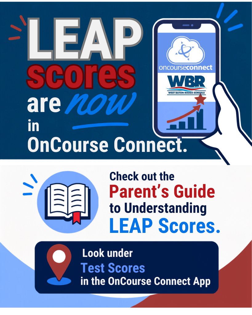 WBRSchools's tweet photo. LEAP scores are officially available! 
Parents and guardians, you can now view your student's LEAP results directly through OnCourse Connect.  Check out Parent’s Guide to Understanding LEAP Scores
https://t.co/KfTFxfAclq https://t.co/OurWl7SzIF