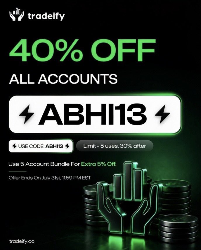 Abhilaksh_fx's tweet photo. 🚨 URGENT: 40% OFF ALL Tradeify Accounts Ends in 30 Days! ⏰

Grab your funded accounts at massive discount 🔥

Use code ABHI13 for 40% OFF + Extra 5% on 5-Account Bundle! 💰

Direct Link 👇
https://t.co/3s7npsFDfN https://t.co/qhGlpuWWXh