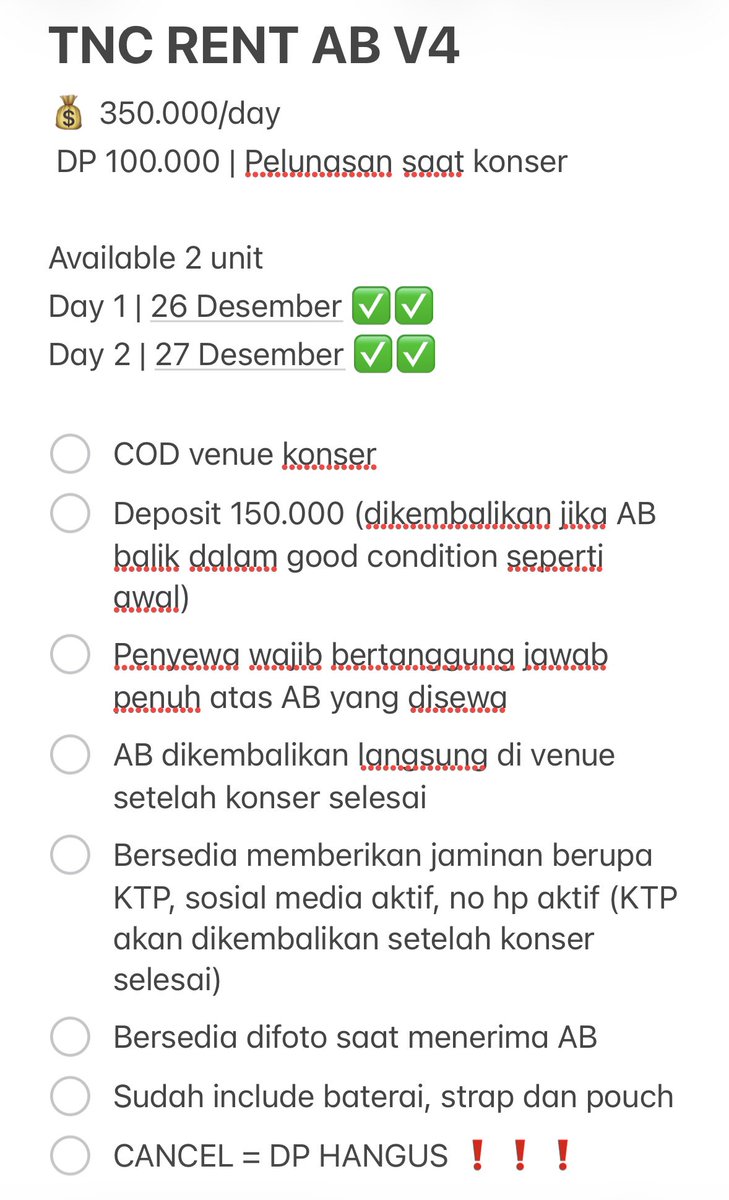 lalisavy's tweet photo. WTR | want to rent armybomb V4

Available 2 unit 

Day 1 | 26 Desember
V4 | ✅✅

Day 2 | 27 Desember
V4 | ✅✅

tag. rent armybomb V4 lightstick bts arirang jakarta 2026 https://t.co/Egj77b2uiz