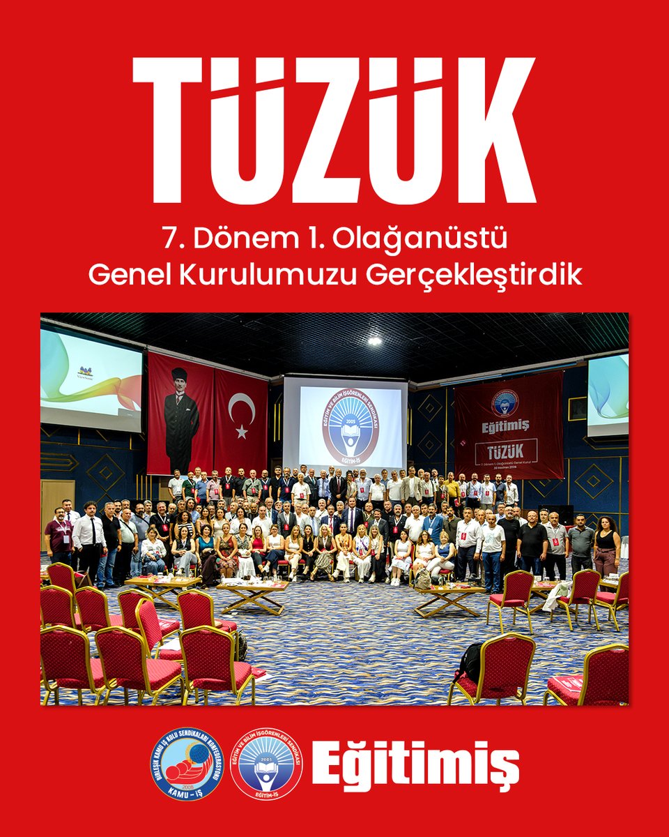 egitimisorg's tweet photo. Eğitim-İş olarak, sendikamızın örgütsel yapısını daha da sağlamlaştırmak ve yarınların mücadele hattını örmek amacıyla düzenlediğimiz 7. Dönem 1. Olağanüstü Genel Kurulumuz başarıyla tamamlandı.

Genel Sekreterimiz Seher Ergin’in açılış konuşmasıyla başlayan kurultayımızda; Başöğretmenimiz Mustafa Kemal Atatürk ile Fatma Nur Çelik, Ayla Kara, Irmak Koparan öğretmenlerimiz ve yaşamını yitiren öğrencilerimiz için saygı duruşunun ardından İstiklal Marşımız okundu.

Genel Kurulumuzu yönetecek Divan Kurulunun seçimiyle devam eden programda, Divan Başkanlığına Erdal Çalı seçilirken; Alay Hamzaçebi, Barış Düdü, İlkay Ayboran ve Murat Güzelad kurul üyeliklerini üstlendi.

Divanın yerini almasının ardından kürsüye gelen Genel Başkanımız Kadem Özbay, Türkiye’nin ve sendikamızın gündemine dair değerlendirmelerde bulundu. Konfederasyonumuz Kamu-İş Genel Başkanı Orhan Yıldırım’ın konuşmasının ardından Tüzük Kurultayı çalışmalarına geçildi.

Genel Örgütlenme Sekreterimiz Bülent Metin’in başkanlığında, süreç boyunca yoğun mesai harcayan Tüzük Komisyonumuz şu isimlerden oluştu: Elbey Kale, Şaban Özdemir, Yusuf Kaya, Mehmet Altıntop, Mustafa Gök, Hamza Kutay, Cumali Akatay ve Hamza Şanlıtürk.

Komisyon tarafından titizlikle hazırlanan önergeler, kurultay delegelerimizin değerlendirmesine ve oyuna sunularak demokratik bir zeminde karara bağlandı.

Tüzüğümüzde hayata geçirilen değişikliklerin, sendikamızın yarınlarına, emekten ve Cumhuriyetten yana sürdürdüğümüz mücadelemize güç katacağına olan inancımız tamdır.

Genel Kurulumuzun başarıyla tamamlanmasında emeği geçen Divan Kuruluna, süreç boyunca özverili çalışmaları için Tüzük Komisyonuna ve iradeleriyle kurultayımıza omuz veren tüm delegelerimize yürekten teşekkür ediyoruz.

Tamamını okumak ve fotoğrafları görmek için tıklayınız:
https://t.co/bO3JaqTNKR