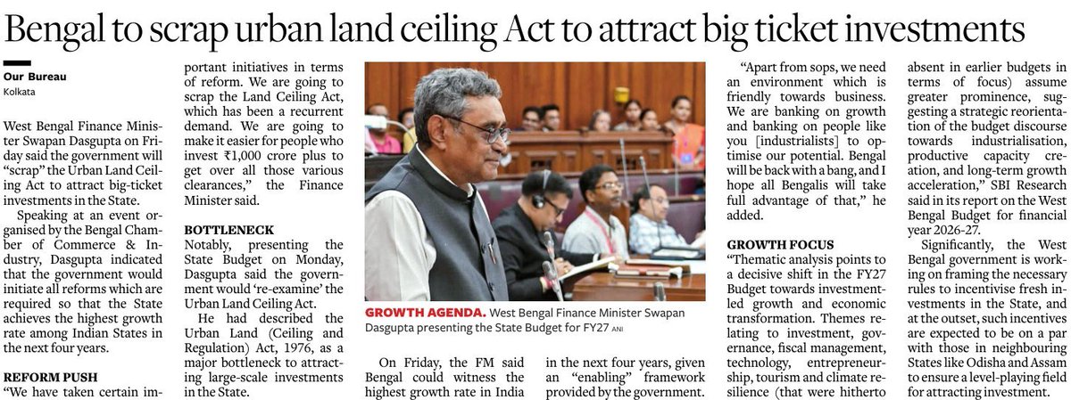 FinalPract54598's tweet photo. Music to the ears of @RishiJoeSanu as Bengal seeks to repeal Urban land ceiling act to attract investment. https://t.co/CDc4QZalnx
