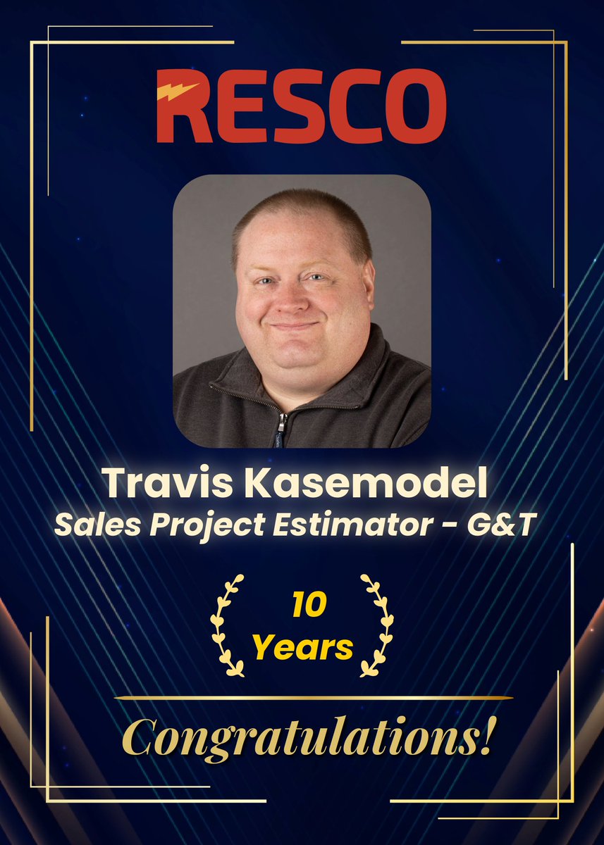 RescoSupply's tweet photo. RESCO is pleased to recognize a team member who is celebrating a work anniversary milestone this month.
Travis Kasemodel, sales project estimator-G&T at our Middleton, WI office and warehouse, is celebrating his 10th year at RESCO.
#cooperatives #utilities #RESCO https://t.co/FlhxymQn6r