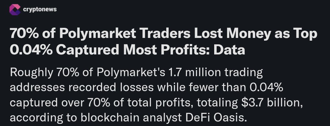 aaddii_eth's tweet photo. 70% of polymarket users are in loss.
Only 30% have positive PnL.

Out of 30% users having positive PnL,the 70% profit is captured by top 0.04% addresses.

So if @Polymarket airdrops $POLY by Positive PnL these top 0.04% will eat big and for fair distribution they need to airdrop more to negative PnL because they are all ordinary users like us.