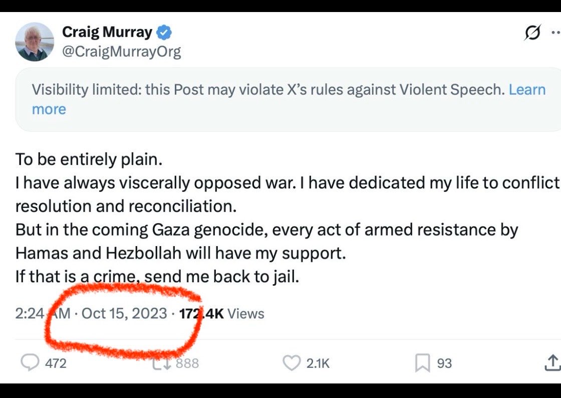 BlueWhiteOct's tweet photo. @Mr_Andrew_Fox Craig Murray: “Hamas and Hezbollah have my full support”. 
This is on October 15, when Israel was still identifying its dead. 

This scum should be prosecuted for supporting terrorists and for indoctrination. https://t.co/8cMhAhO31F