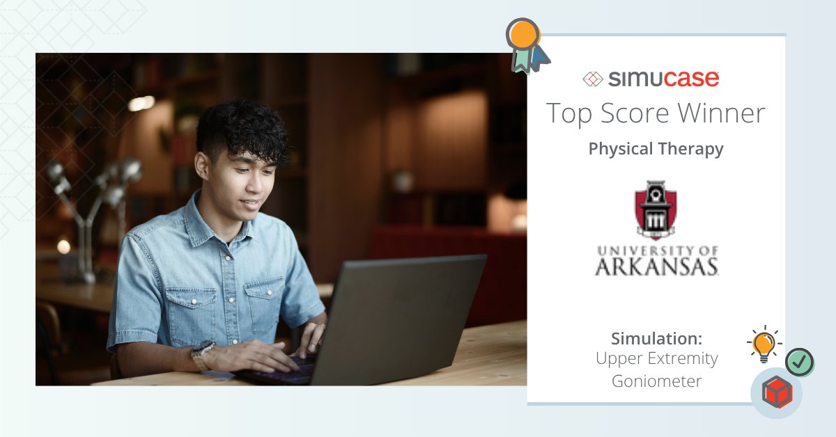 Simucase's tweet photo. Congratulations from the Simucase team to @UArkansas and their physical therapy program, the top score winner for our PT simulations this week on #simucase! GO #FuturePTs #ptstudent #pt2b #pta2b #uark https://t.co/f7qE3NFY7X