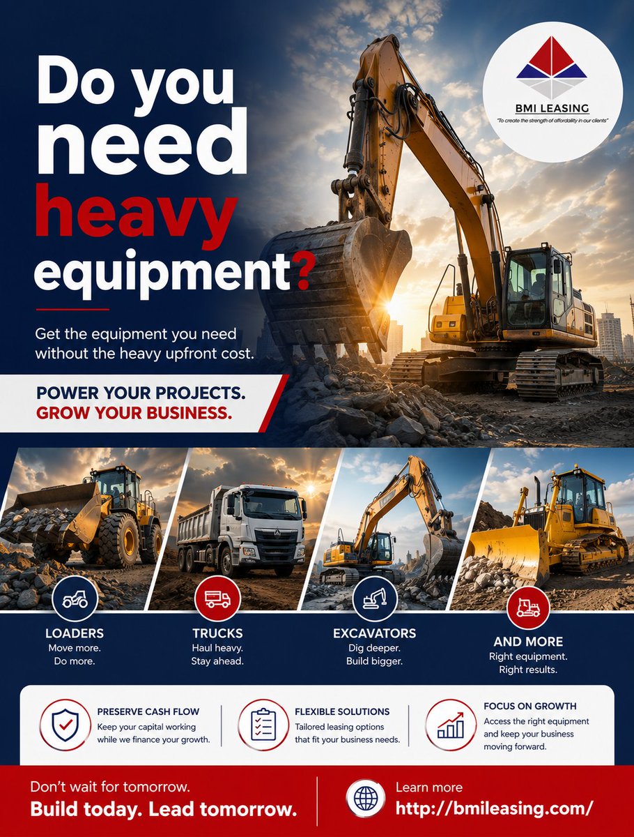 BmiLeasing's tweet photo. Whether you need  👇

→ Business equipment
→ Household assets
→ Machines &amp; Work Tools
→ Trucks, Cars &amp; Buses

BMI Leasing has a plan built for you.

Let's build something that works.

https://t.co/USDKfnCxRE 
#bmileasing #leasing #leasingnow https://t.co/0jkHWP7RXk