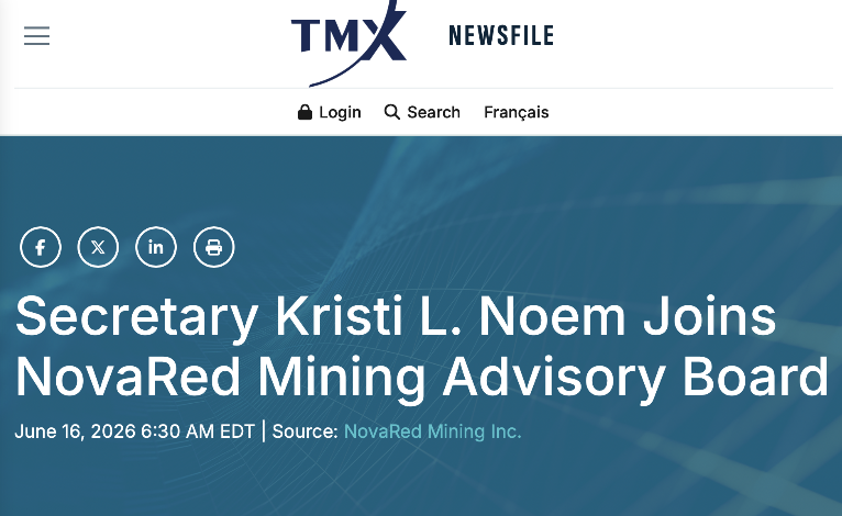 trungice150's tweet photo. THIS ARTICLE MADE ME EVEN MORE BULLISH ON NRED

What I found most interesting is that Kristi Noem didn't spend her interview talking about politics-she talked about supply chains, AI and securing copper from Canada 
That tells me the discussion around NovaRed Mining is becoming much bigger than one exploration project
 
NRED already has 1.4M+ geochemical samples, 799K+ mineral occurrence records, 18.3 miles of completed surveys and C$8.5M committed toward Wilmac. If policymakers increasingly view Canadian copper as a strategic resource for AI infrastructure, defense and manufacturing, I believe NovaRed is positioned exactly where future attention could continue growing. 
My upside objective remains above C$4 
Research before investing