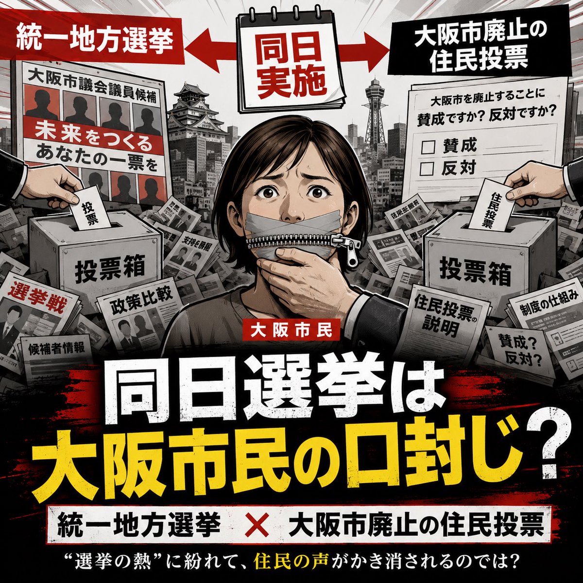 ytsuji2001's tweet photo. 統一地方選挙と住民投票の同日選挙は、パワーワードを持つ大阪市民の口封じ？ https://t.co/JCxordHabd