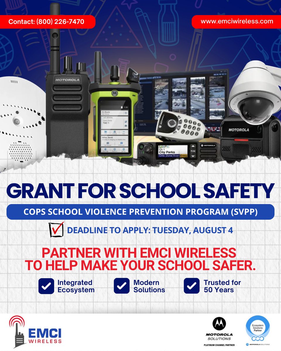 emciwireless's tweet photo. The deadline to apply for the COPS School Violence Prevention Program (SVPP) is Tuesday, August 4. EMCI Wireless can help you access Motorola Solutions' free grant assistance. DM us for more information. https://t.co/6bHviR8mfc