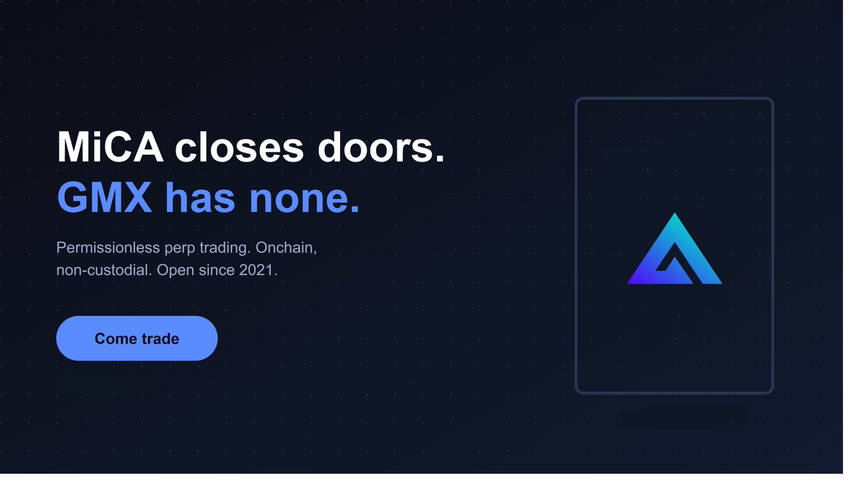 GMX_IO's tweet photo. Today, most major EU crypto platforms are restricting or cutting off your access under the #MiCA regulations.

GMX's contracts keep running as they have since 2021:  open to everyone. https://t.co/HOeUwNDyBu