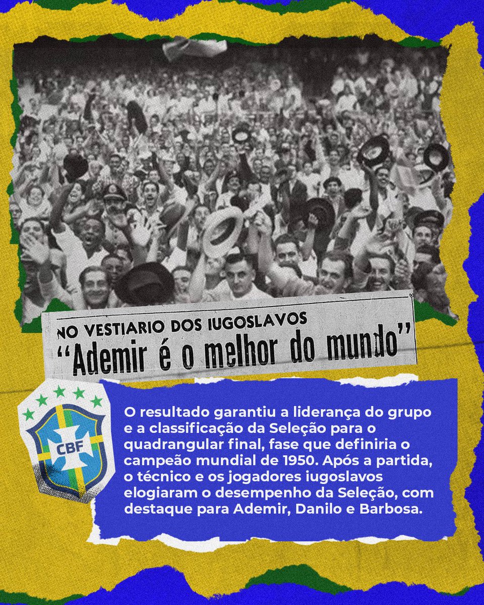 maracana's tweet photo. O Memória Maraca relembra mais um capítulo marcante da Seleção Brasileira! 🇧🇷

Na Copa de 50, diante de mais de 140 mil torcedores, o Brasil venceu a Iugoslávia por 2 a 0, garantiu a liderança do grupo e avançou para a fase decisiva da competição. Uma tarde marcante na história da Seleção e da Casa do Inesquecível! 🏟️