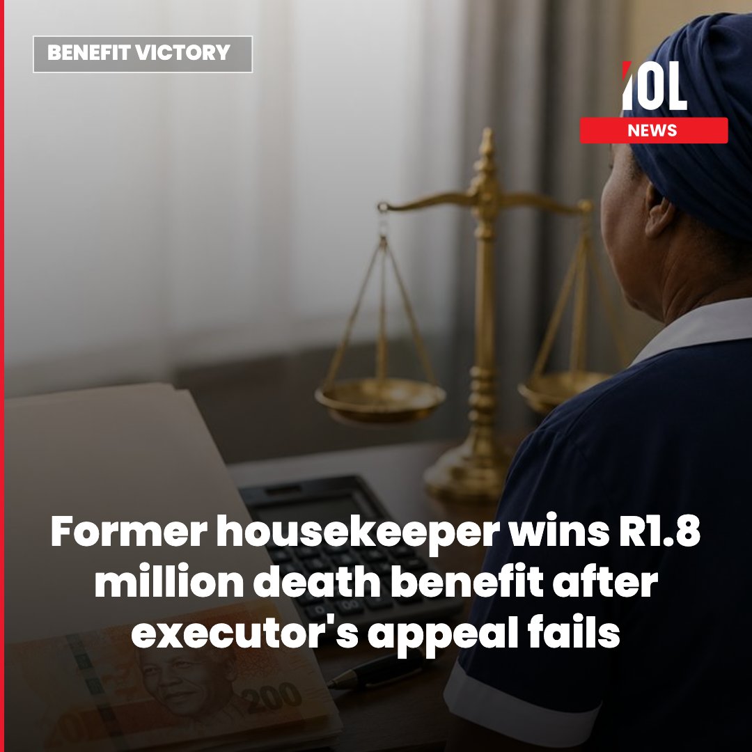 IOL's tweet photo. A former housekeeper who worked faithfully for her employer for more than three decades has been awarded the full R1.8 million death benefit from her late employer's retirement annuity after the office of the Pension Funds Adjudicator dismissed an attempt by the executor of the deceased estate to overturn the payout.
Read on https://t.co/UknoqFwJTg
#news #SouthAfrica #courts #justice #law #finance