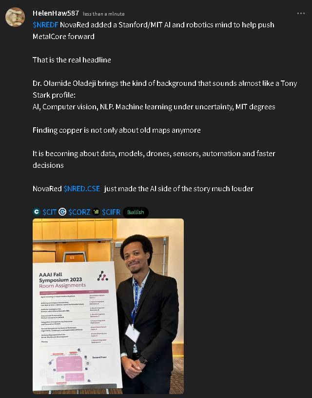 Vilas83909276's tweet photo. THIS HIRE MAKES MORE SENSE THE CLOSER WE GET TO DRILLING

I've been thinking about why NovaRed Mining hired Dr. Olamide Oladeji now instead of after drilling. The answer seems obvious.

His background
- Stanford Applied AI Ph.D.
- MIT-trained engineer.
- Knight-Hennessy Scholar.
- Forbes 30 Under 30.
- Built AI systems supporting organizations in 20+ countries.

His mission at $NRED
Improve MetalCore through predictive geological modeling, autonomous systems and AI-assisted exploration.

Why timing matters
NovaRed already has 18.3 miles of completed geophysics, 2.7M+ proprietary records and 3 drill-ready targets. Every improvement made before fall drilling increases confidence that the highest-priority targets are being tested first.

That's why I remain bullish with a target above C$4.

Always research before investing

$JPM $QQQ $GPUS $MU