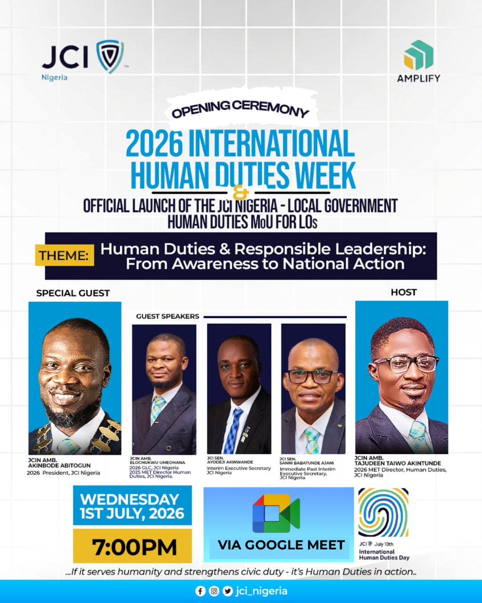 DeeWhyPumpy's tweet photo. 🌍 The Movement Begins Here.

Join us for the Opening Ceremony of the 2026 International Human Duties Week as JCI Nigeria officially launches the JCI Nigeria–LG Human Duties MOU for Local Organizations.

#InternationalHumanDutiesWeek
#HumanDuties
#AMPLIFY
#JCINigeria
#JCI https://t.co/nlacF9zgGQ