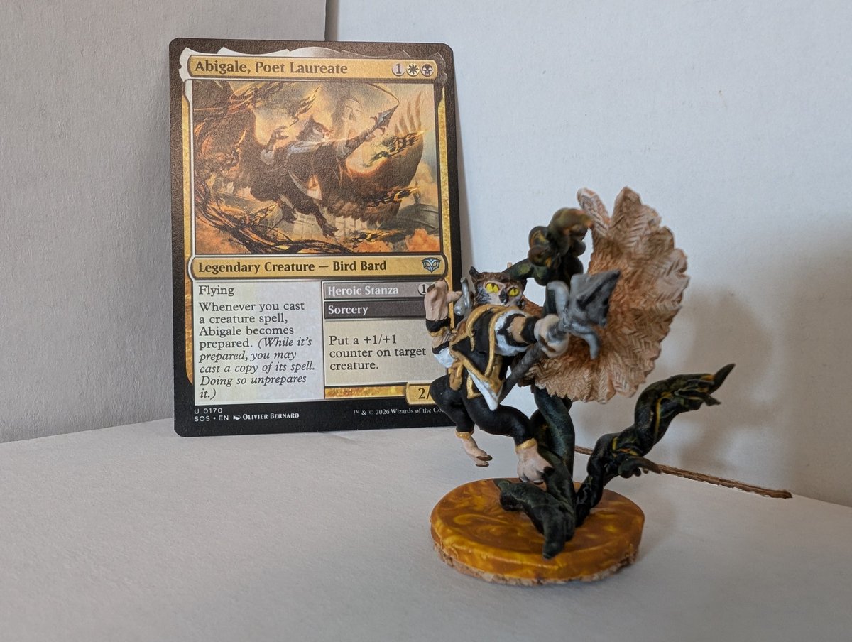 psychos101's tweet photo. Sculpture/model I made of Abigale from the most recent Lorwyn and Strixhaven sets.  The model is based on the art from the Abigale, Poet Laureate card.  It was fun figuring out how to get the pose and inkling wisps right.

#mtg
#magicthegathering https://t.co/XLCgXCa35v