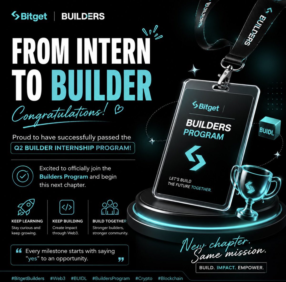 urtitatiChen's tweet photo. Still can’t believe I made it! 🥹

Officially passed the Q2 Builder Internship Program and now joining the Builders Program! It’s been an amazing learning experience, and I’m excited to see what’s next.

Here’s to more learning, creating, and growing in #Web3.

#BitgetBuilders https://t.co/Yz0uxVmiTX