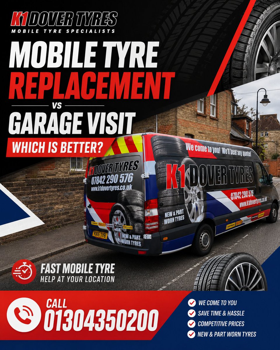 k1dovertyres's tweet photo. Mobile tyre replacement vs garage visit which is better? 🤔With K1 Dover Tyres, we come straight to you! No towing, no waiting rooms, competitive prices on new &amp; part worn tyres across Dover and Kent. We'll beat any quote!
📞 01304350200
🔗 https://t.co/CVORbjDqlS
 #K1DoverTyres https://t.co/2sPB0K27IO