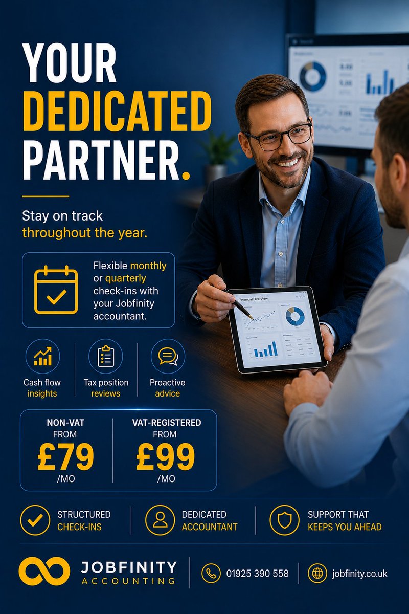 JobfinityUK's tweet photo. Financial management isn't an annual event. 

Jobfinity’s low-cost packages offer regular monthly or quarterly check-ins with your dedicated accountant to review cash flow and get proactive tax advice. 

Get in touch today to see how we can help. 
#UKBusiness #FinancialClarity https://t.co/m1HRPPD2pp