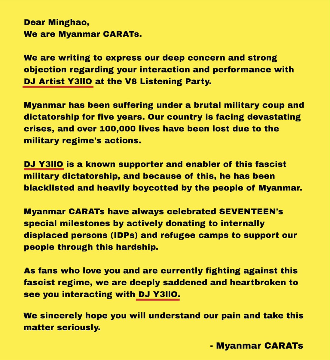 MyanmarCarat's tweet photo. We, Myanmar Carat, have supported SEVENTEEN with all our hearts, even during the darkest times in our country. Today, we respectfully ask you to hear our voices and understand our pain. π²π²π
#to_the8 #to_vernon
#whatshappeninginmyanmar
@pledis_17 @pledis17_STAFF https://t.co/ip5QuzI5PH